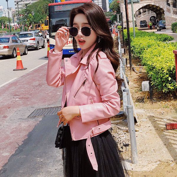 

female 2021 new spring autumn project jacket pu coat thin black rebit from false leather macio pink coats au9d