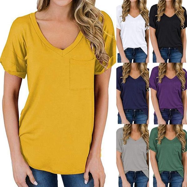 

women's t-shirt casual short sleeve v-neck shirt loose basic, White