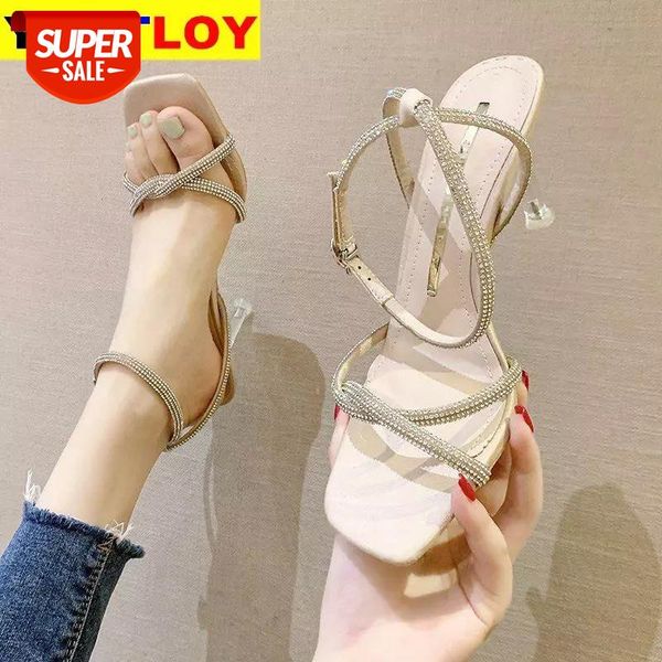 

square head thin versatile 2020 summer new fashion women's sandals rhinestone girlish style with high heels #7h75, Black