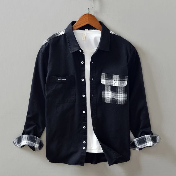 

2021 new casual shirts of cotton long sleeve plaid seams breathing shirt gr91, White