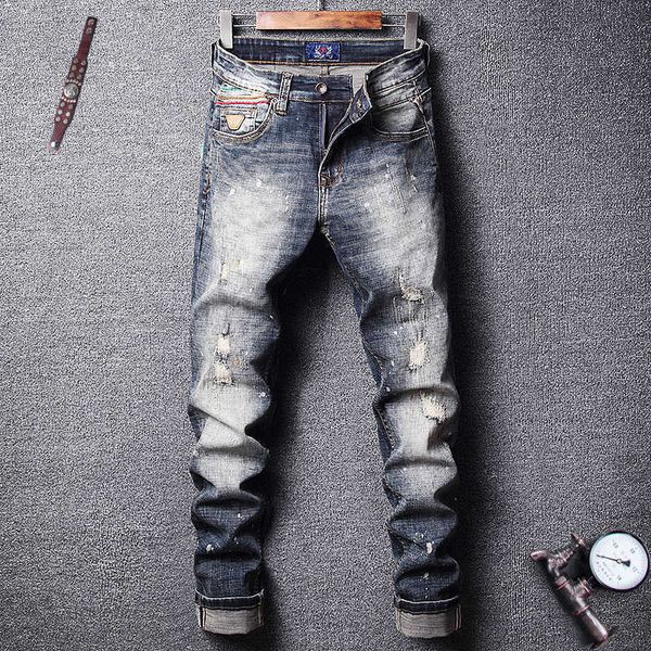 

men's jeans italian vintage designer slim fit ripped men painted retro wash fashion elastic hip hop homme tkv1 lym4, Blue