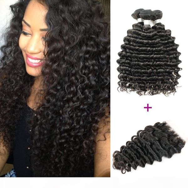 

brazilian deep wave hair with closure 3 bundles with lace closure natural brown peruvian malaysian curly virgin human hair bundles, Black