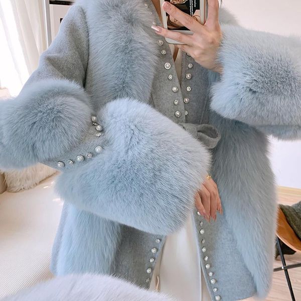 

women's fur & faux real coat genuine wool placket female jacket autumn winter elegant coats ropa para mujer zjt1669, Black