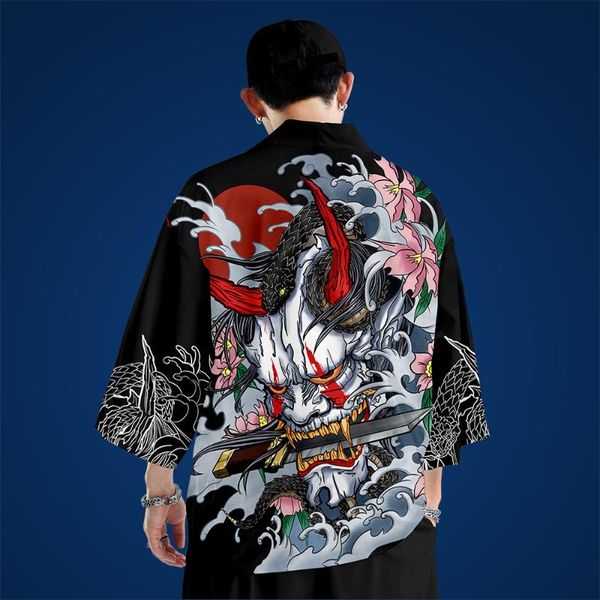 

ethnic clothing summer fashion men kimono traditional yukata casual black print shirt clothes street wear coat and pant oversize 6xl, Red