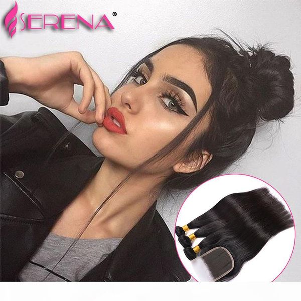 

brazilian malaysian indian hair silky straight 3pcs weft with 1pc closure (4x4) with hair piece natural color human hair weave, Black