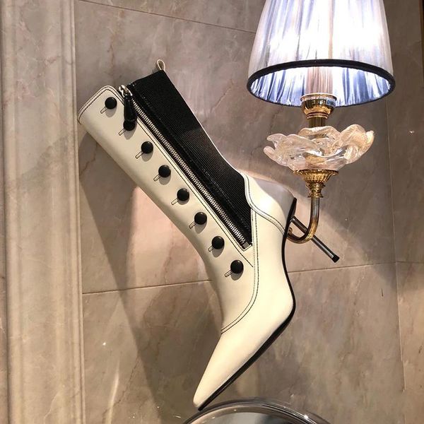 

boots 2021 ankle women pointed toe white knight female high heels side zipper party shoes zapatos de mujer, Black
