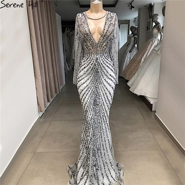 

party dresses dubai luxury grey slim mermaid prom 2021 long sleeves beading sequined gown serene hill bla60974, White;black