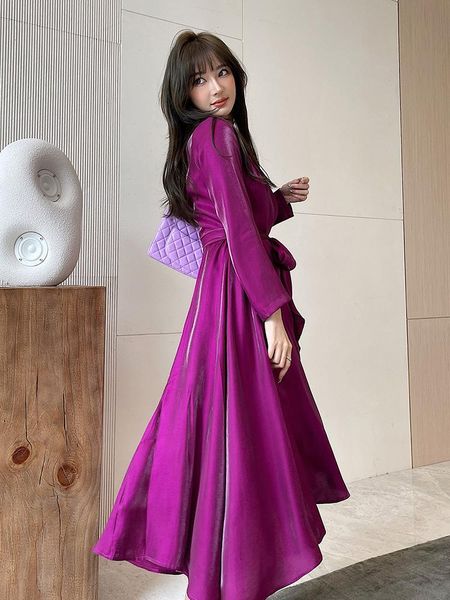 

casual dresses purple dress women's 2021 summer french waist style long high chiffon swing v-neck, Black;gray