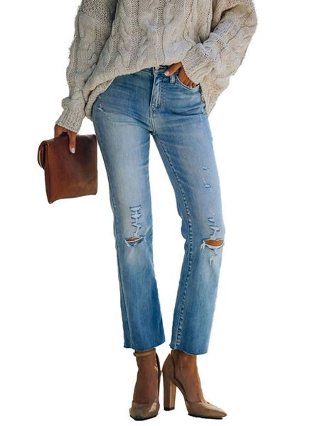 

new mid waist ankle jeans women vintage distressed denim pants hole destroyed straight pants casual trousers spring ripped jeans, Blue