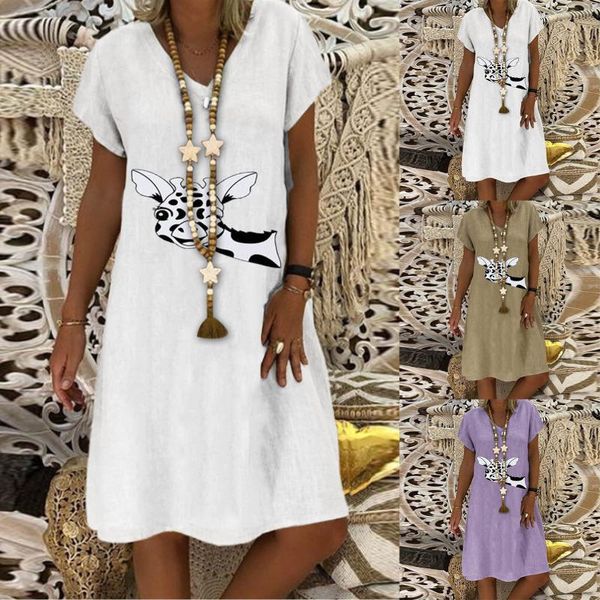 Costumi da bagno estivi da donna con stampa floreale Boho Beach Mini abito 2021 Moda casual O-Collo in cotone e lino Giraffa manica corta