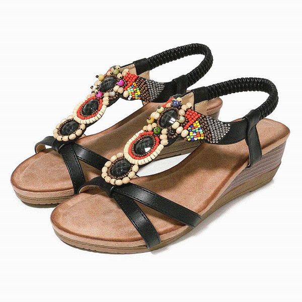 

women's sandals retro shoes female casual bohemian shoes sandals ladies flats bohemian beach flat woman big size, Black