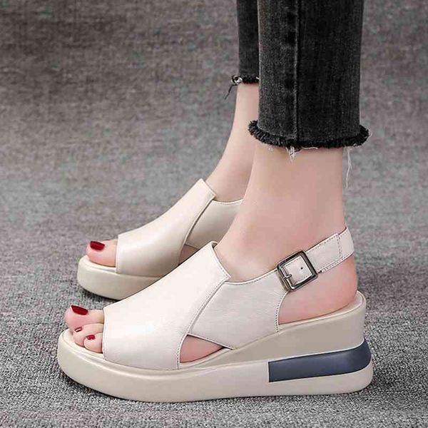

sandals pu leather wedges women ankle buckle high heels platform shoes woman casual hollow out sport female 7an4, Black