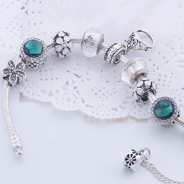 

2021 new 925 silver ms euramerican style green beaded bracelet diy crown crystal pendant bracelet, Golden;silver