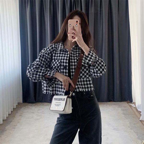 

women's jackets women 2021 fashion single breasted short black plaid jacket pocket accessories retro long sleeve blouse streetwear, Black;brown