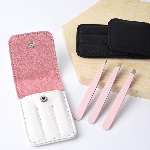 

eyebrow tools & stencils 3 pcs/set tweezers stainless steel point tip/slant tip/flat tip hair removal makeup accessory with black bag case