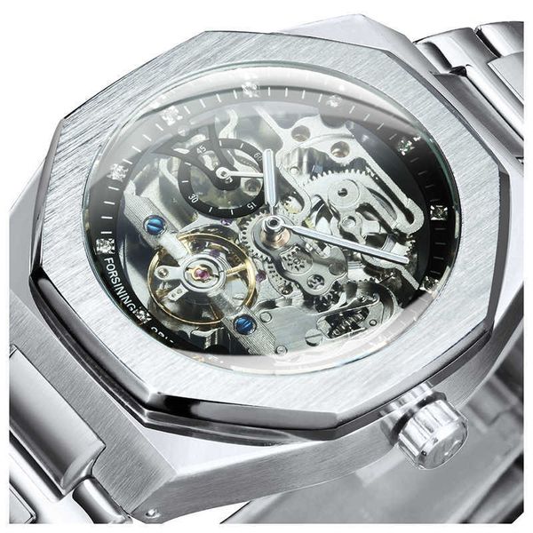 FORSINING Tourbillion Orologio meccanico per uomo Cinturino in acciaio automatico Scheletro Orologi da uomo Top Brand Luxury Reloj Hombre 210728