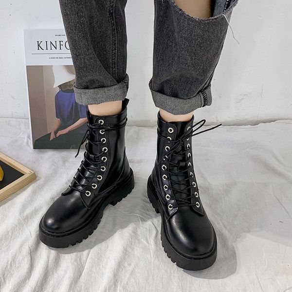 

rimocy white black pu leather ankle boots women autumn winter round toe lace up shoes woman fashion motorcycle platform botas