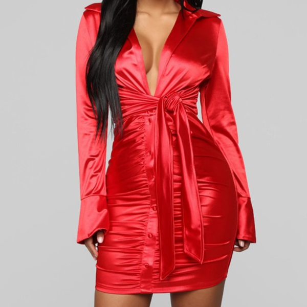 

winter style 2021 new arrivals dress long lantern sleeve v neck sashes pleated red green blue solid elegant high street dress, Black;gray