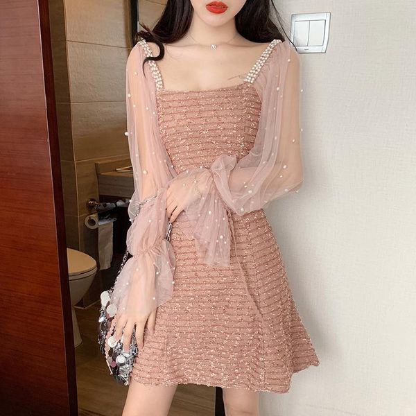 

casual dresses chic mesh patchwork long sleeve empire mini-dress party evening elegant women's clothing autumn square collar hipster, Black;gray