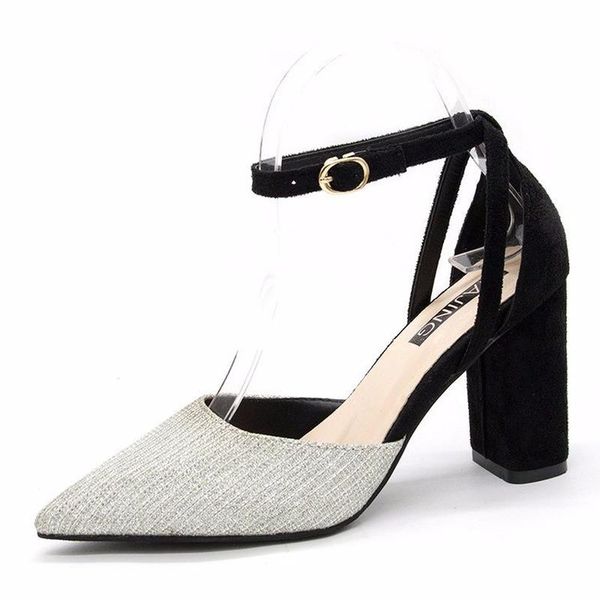 

dress shoes 2021 women woman pumps fashion buckle strap bling casual cover heel pointed toe square high heels ladies, Black