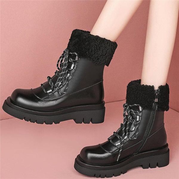 

boots 2021 winter casual shoes women genuine leather high heel motorcycle female warm fur platform oxfords, Black