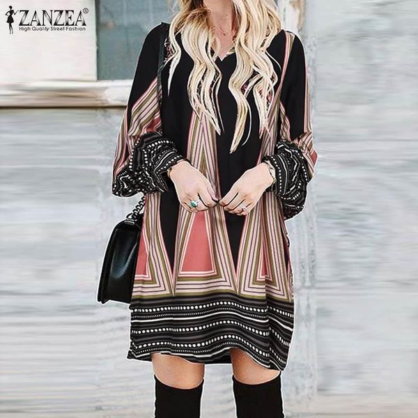 

casual dresses zanzea female vneck leisure robe femme clothing oversized elegant women mini dress summer sundress long sleeve printed vestid, Black;gray