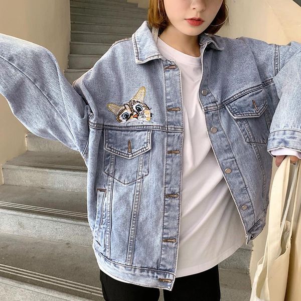 

women's jackets denim jacket for women vintage cute cat loose single-breasted lapel cartoon female, Black;brown