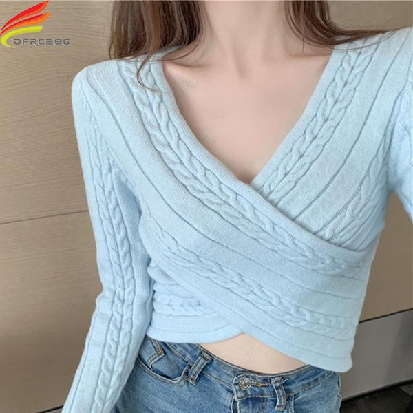 

new 2021 autumn winter crop sweater women v neck collar cross twist knitted sweaters and pullovers casual long sleeve jumpers, White;black