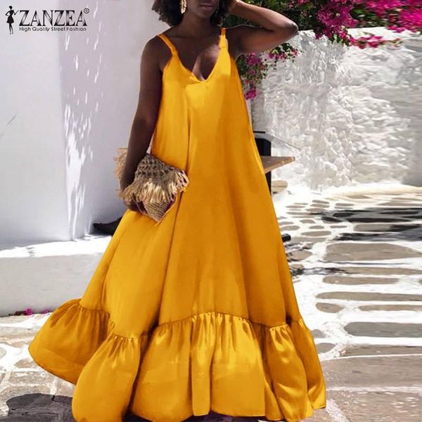 

casual dresses womens elegant solid long vestido 2021 summer sleeveless a line robe beach sling v neck zanzea holiday ruffle maxi dress, Black;gray