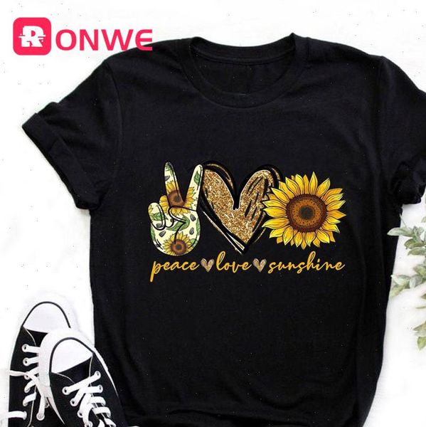 

women t shirts sunflower peace love sunshine black tshirt girl harajuku casual white 90s shirt fashion female drop