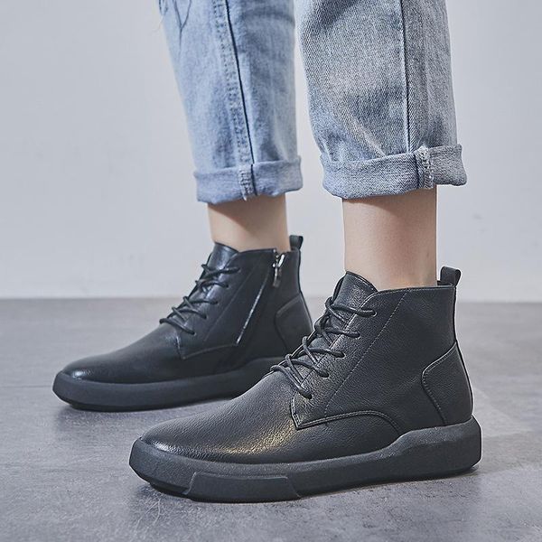 

boots 2021 net red women autumn flat-bottomed single boot retro british wind leisure plus cashmere winter shoes, Black