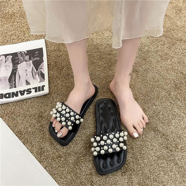 

slippers women flat bohemian transparent bottom pearl versatile crystal sandals soft stitching ladies, Black
