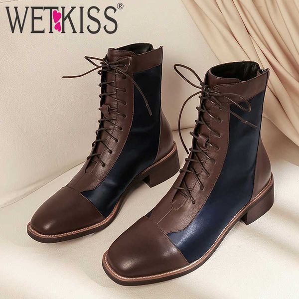 

wetkiss motorcycle boots women satin low heels ankle boot female square toe lace up shoes ladies casual cow leather winter boots 210630, Black