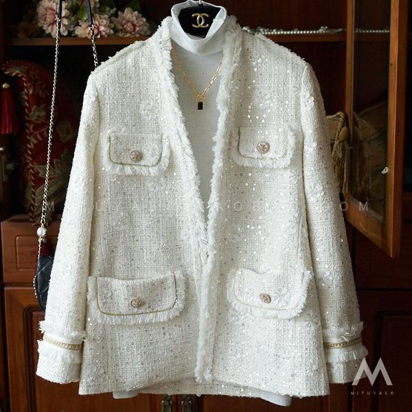 

women's wool & blends recommend exquisite sequined flower tweed jacket ladies 2021 elegant temperament top, Black