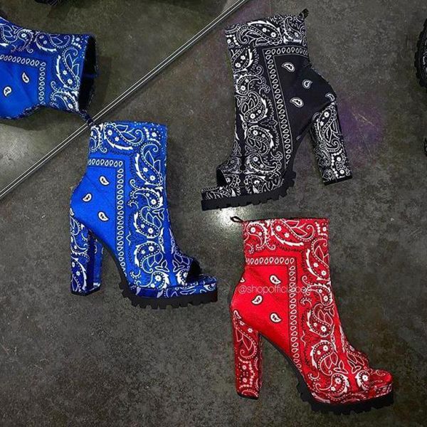 

boots plus size women motorcycle ankle autumn/winter fish mouth square heel casual totem printing lady peep toe mixed colors, Black