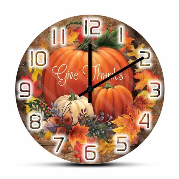 

wall clocks give thanks pumpkins color-printed clock thanksgiving day harvest vintage home decor fall leaves wreath art watch