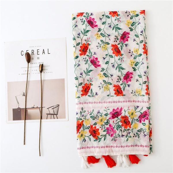 

scarves 2021 floral flower print cotton scarf with tassel women thin light voile summer sunscreen beach cover up shawl wraps, Blue;gray