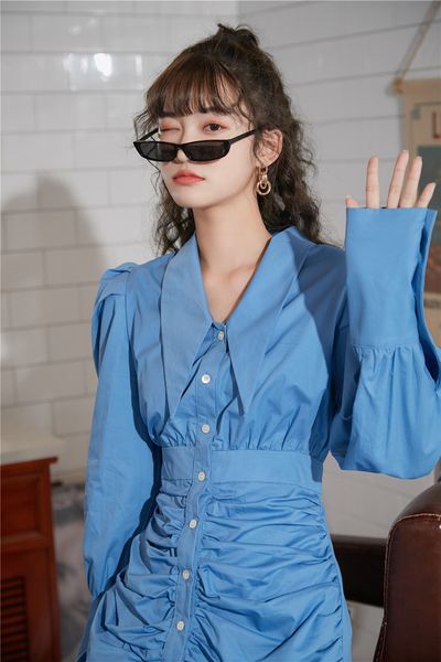 

2021 new autumn blue ruched women bodycon long sleeve tunic button up collar mini designer fashion mejy, Black;gray