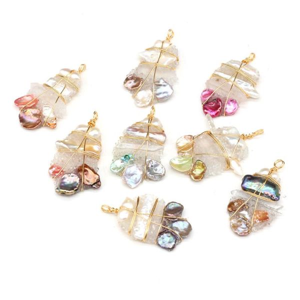 

charms natural freshwater pearl pendant copper wire winding pearls for women jewelry making diy necklace earring 35x60mm, Bronze;silver