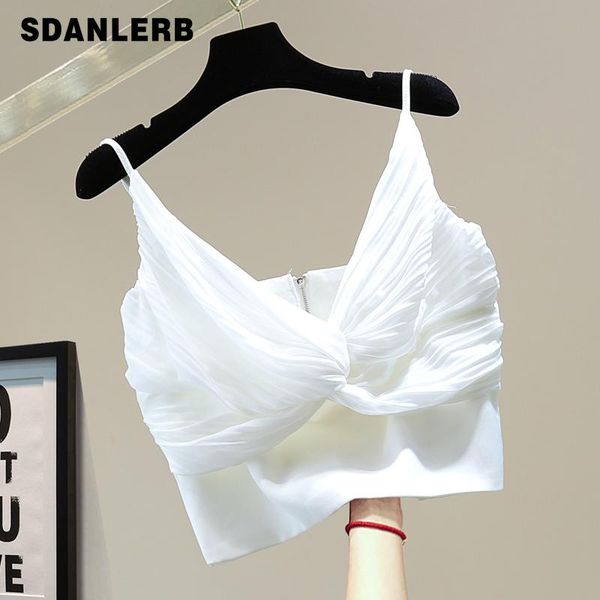 

women's tanks & camis chiffon stitching pleated short 2021 summer korean style slimming solid color camisole fashion v-neck sling t, White