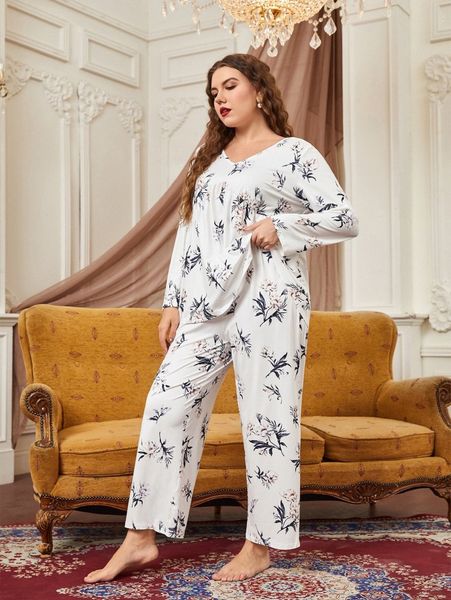 

plus floral print pj set y8p9#, Black;white