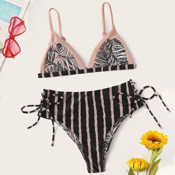 

women's swimwear 2pcs women swimsuits bikini set push-up padded high waist floral stripe bandage sling thong beachwear 2021, White;black