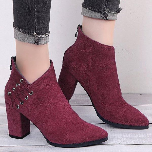 

sandals est women's pointed toe high heels fashion suede ankle booties casual thick heel back zipper boots plus size 2021, Black