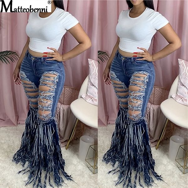 

2021 new fashion denim pants women retro ripped wide leg trousers lady casual bell-bottoms flare pant beggar tassel jeans kr03, Blue