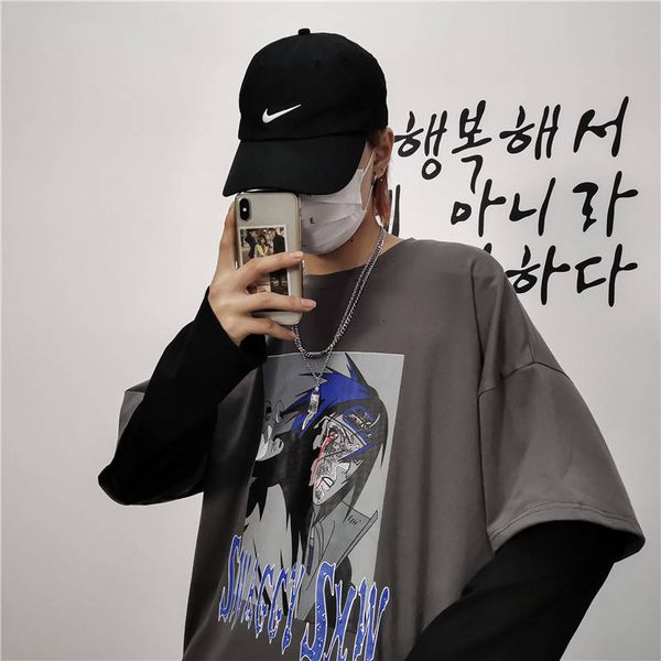 

2021 new moda casual punk sasuke camisas masculinas primavera outono solto tshirts meninos hip hop naruto tshirt homens japo retalhos t cami, Black