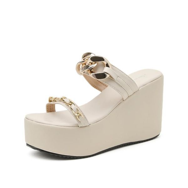 

dress shoes 2021 summer women slippers wedegs platform metal chain casual sandals high heels, Black
