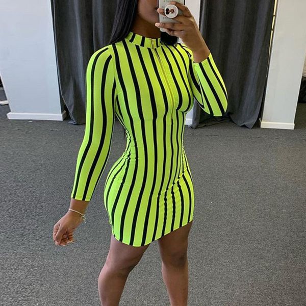 

casual dresses woman striped full sleeve zipper bodycon dress elastic hight skinny streetwear fitness female fashion 2021 outfits, Black;gray