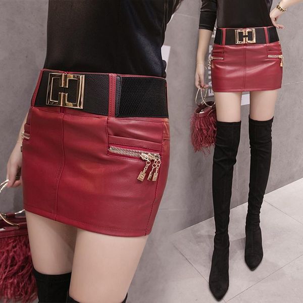 

skirts 2021 autumn and winter fashion temperament mini skirt red pu leather bag hip anti-glare slim dq1207, Black