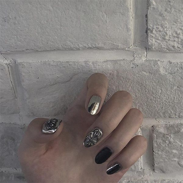 

false nails 24pcs long cross black ash round decoration full nail tips fake art piece wear finished paste, Red;gold