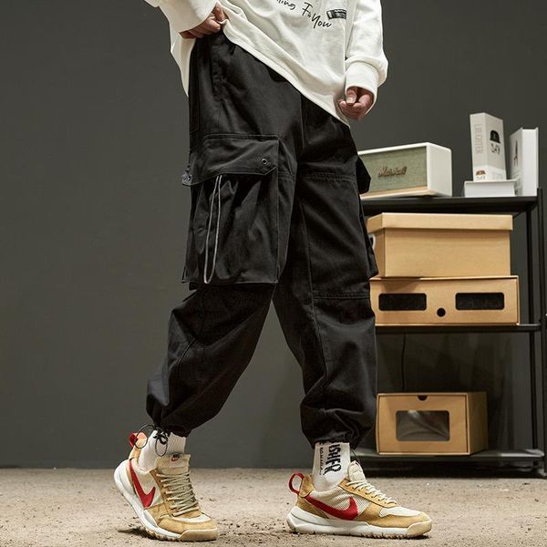 

men's pants large pocket overalls trendy brand simple japanese loose size wild drawstring trend 2021, Black